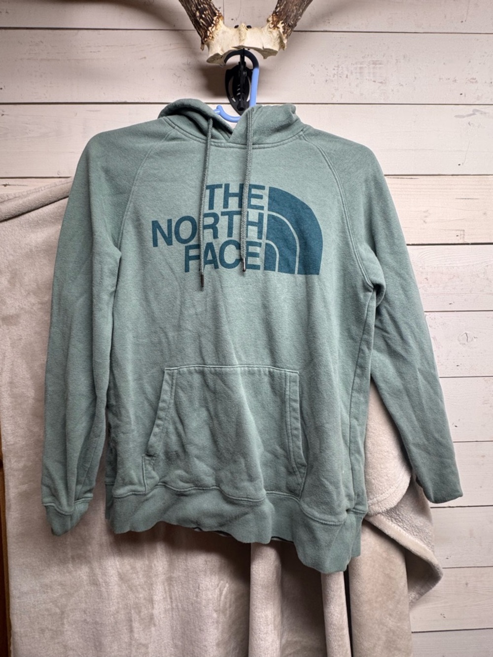 The North Face womens Pullover Hoodie in Sage Green with Dark Teal Logo